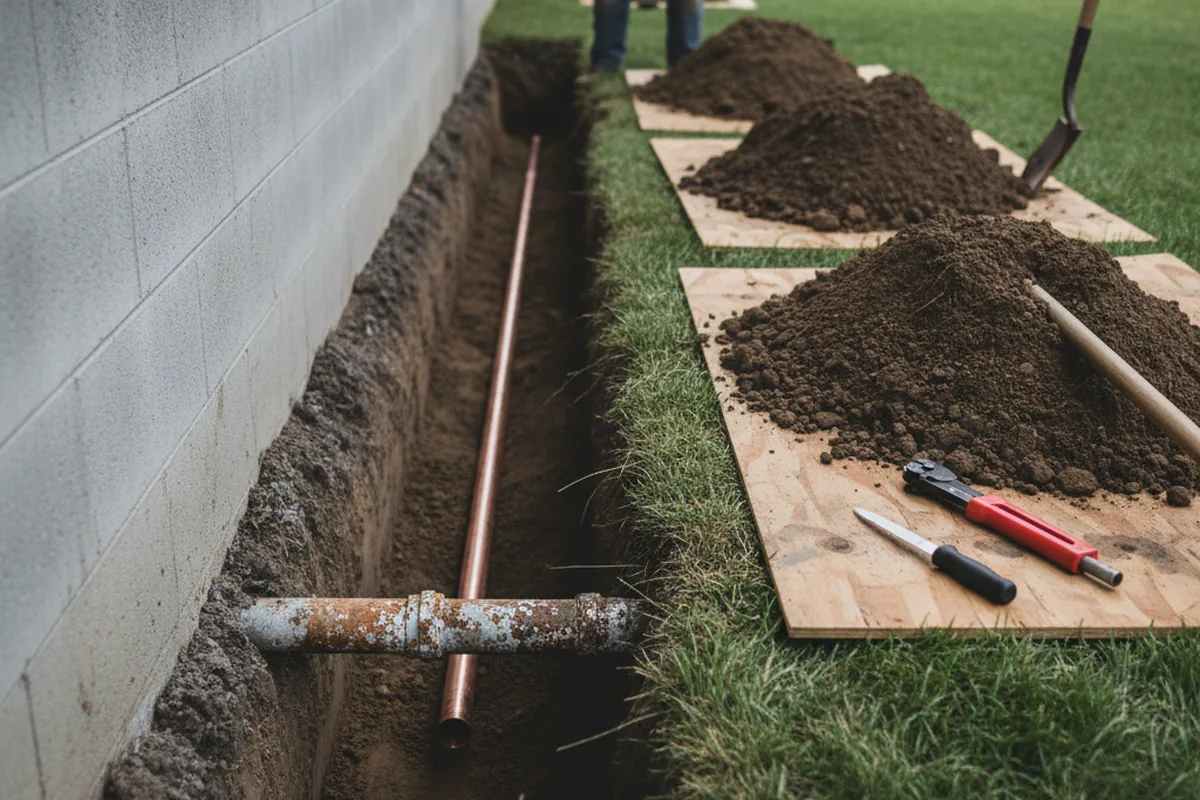 Excavated water line trench during Sewer Line Repair in Torrance